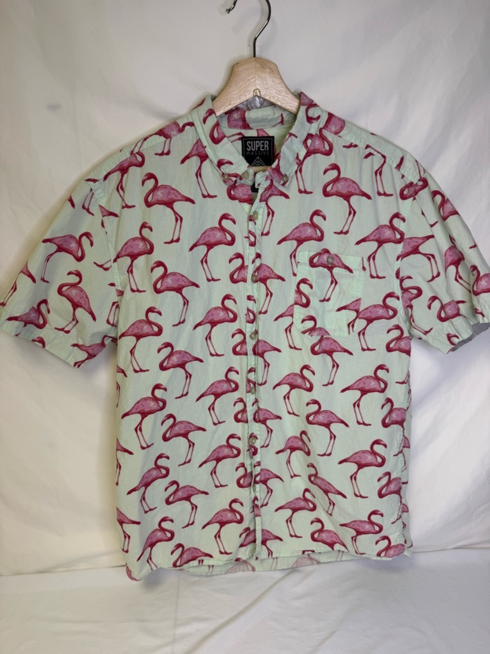 Superdry Mint Green Short-Sleeve Button-Down Shirt with Pink Flamingo Print